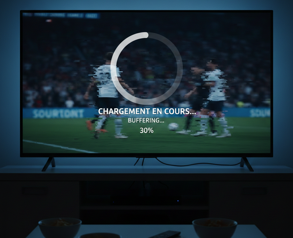 Écran TV affichant un bug de chargement buffering IPTV le soir